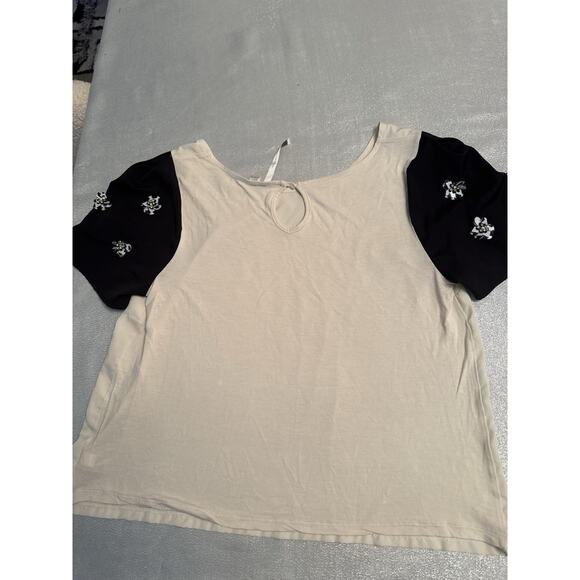 Lauren Conrad Women's Large Blouse Shirt Cream Black Sequin Flowers - Picture 6 of 7